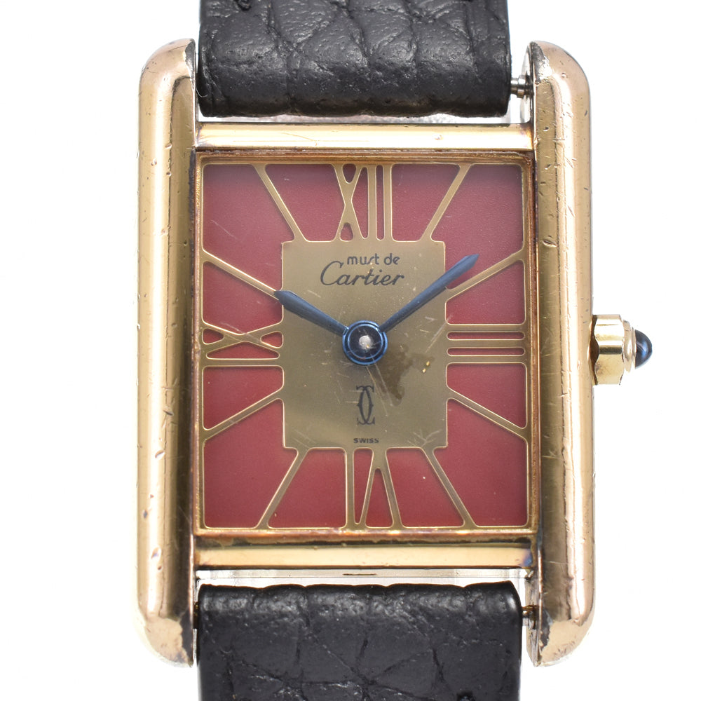 CARTIER Must tank 366001 SV925 (Gold Plated) / Leather wine-red Dial Quartz Ladies
 Watch H#144998