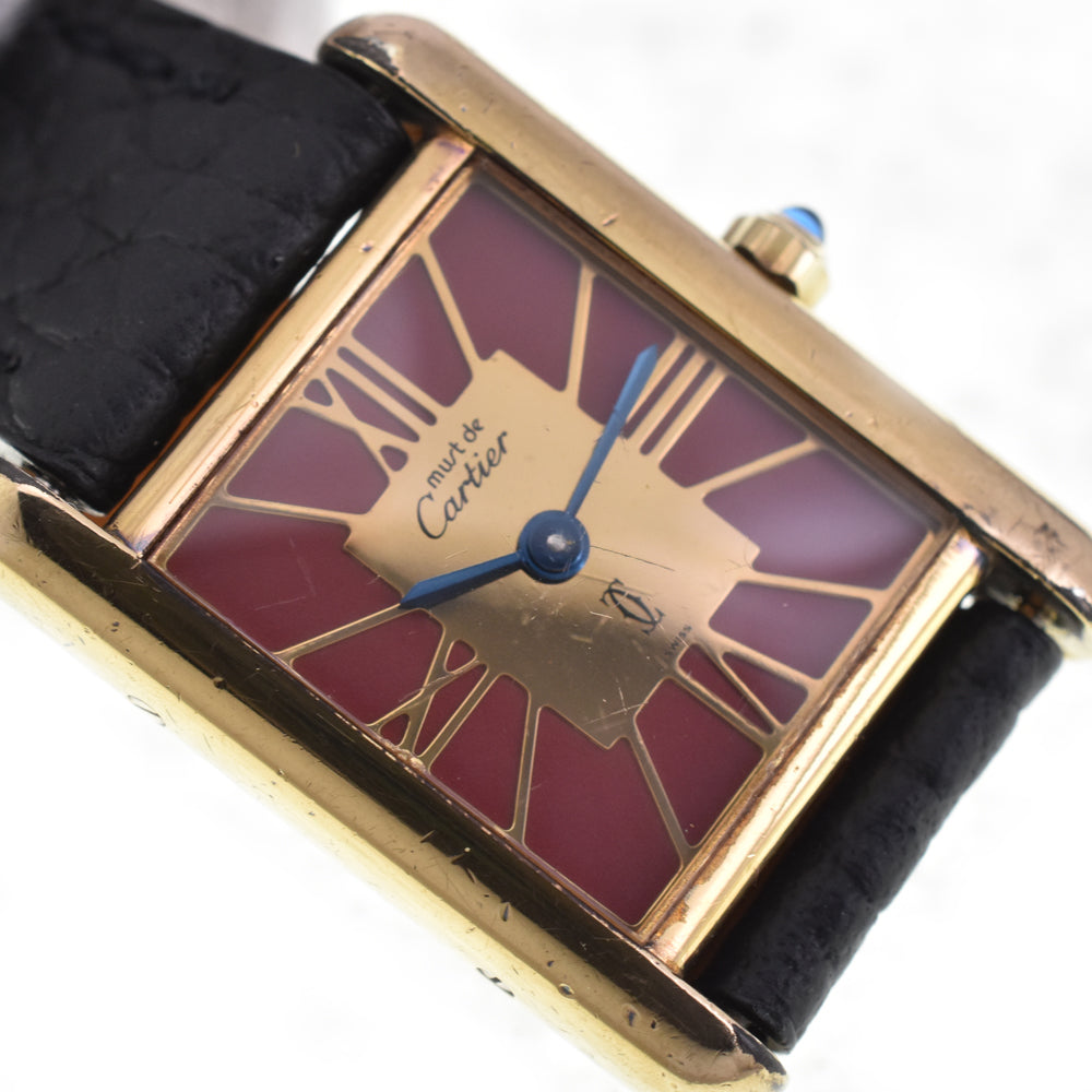 CARTIER Must tank 366001 SV925 (Gold Plated) / Leather wine-red Dial Quartz Ladies
 Watch H#144998