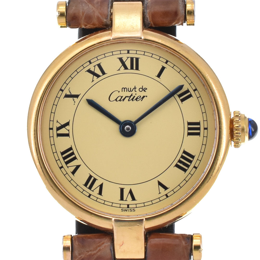 CARTIER Must Vendome W1002254 SV925 (Gold Plated) / Leather Ivory Dial Quartz Ladies
 Watch M#145591