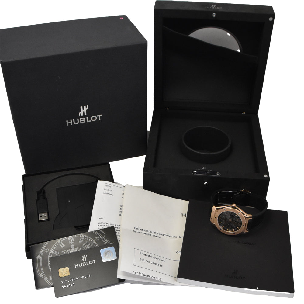 with paper HUBLOT Lasik Fusion Classico Ultra Thin Skeleton 515.OX.0180.LR black Dial Hand Winding Men's
 Watch O#145633