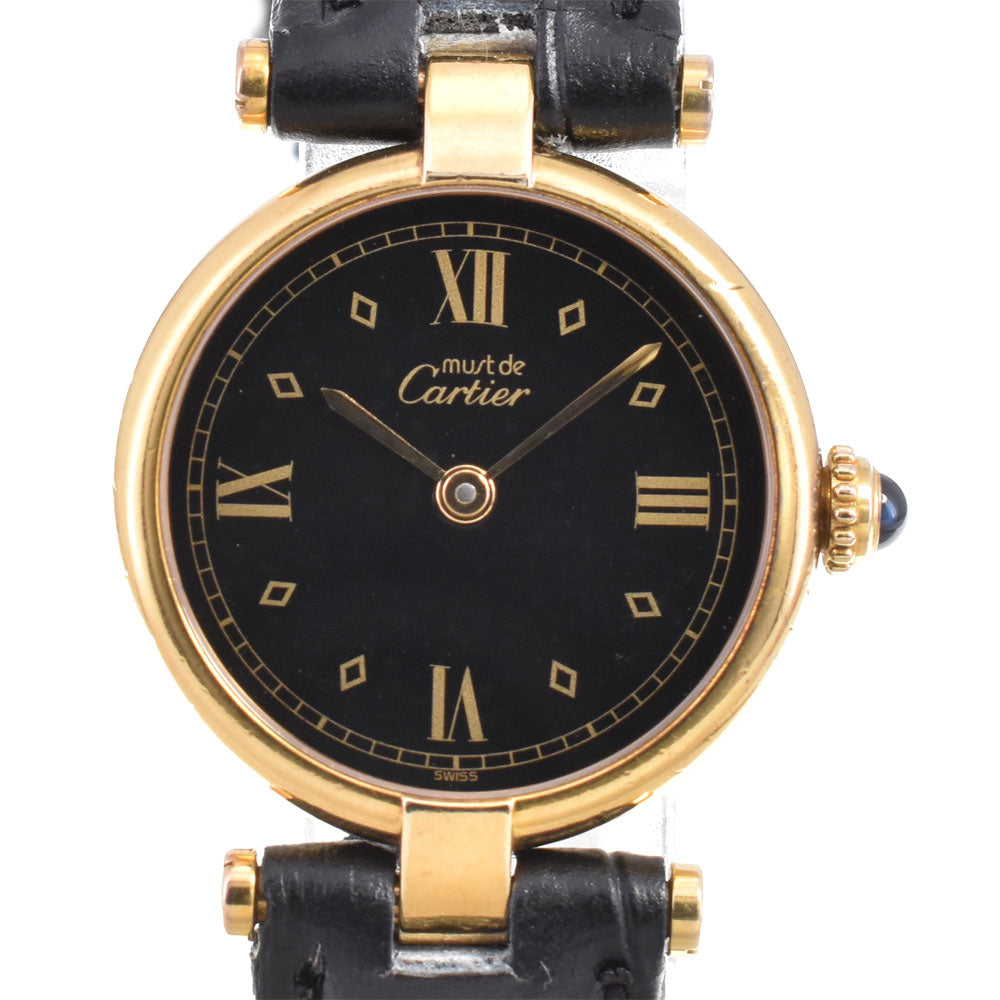 CARTIER Must Vendome Vermeil SM 590004 SV925 (Gold Plated) / Leather black Dial Quartz Ladies
 Watch R#146324