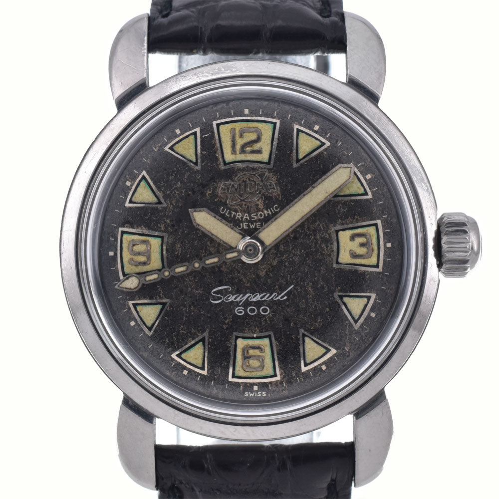 ENICAR Ultrasonic Sea Pearl 600 10061 vintage Cal.1010 black Dial Hand Winding Men's
 Watch Y#146345