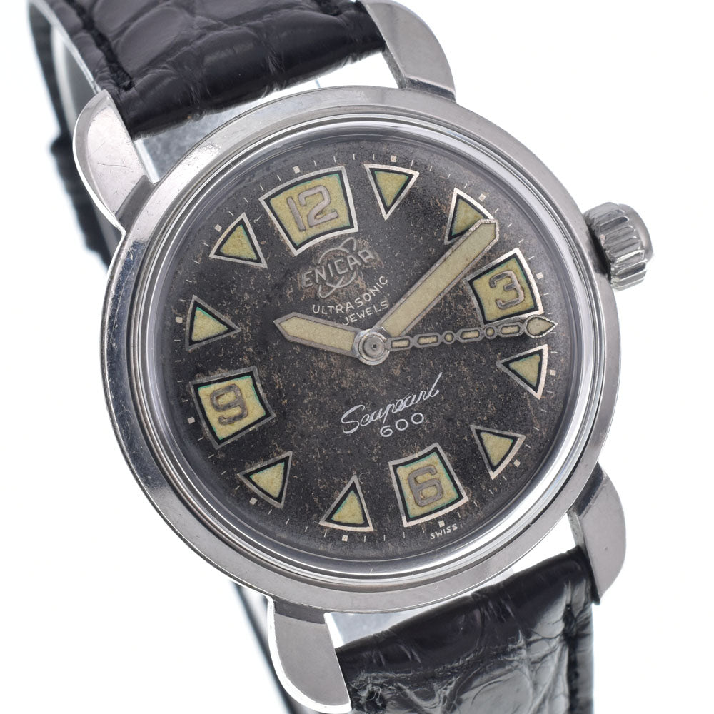 ENICAR Ultrasonic Sea Pearl 600 10061 vintage Cal.1010 black Dial Hand Winding Men's
 Watch Y#146345