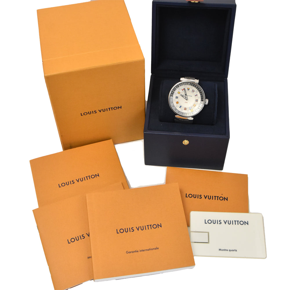 with paper LOUIS VUITTON Tambour Moon Dual Time QA096 GMT Silver Dial Quartz Men's
 Watch Q#146515