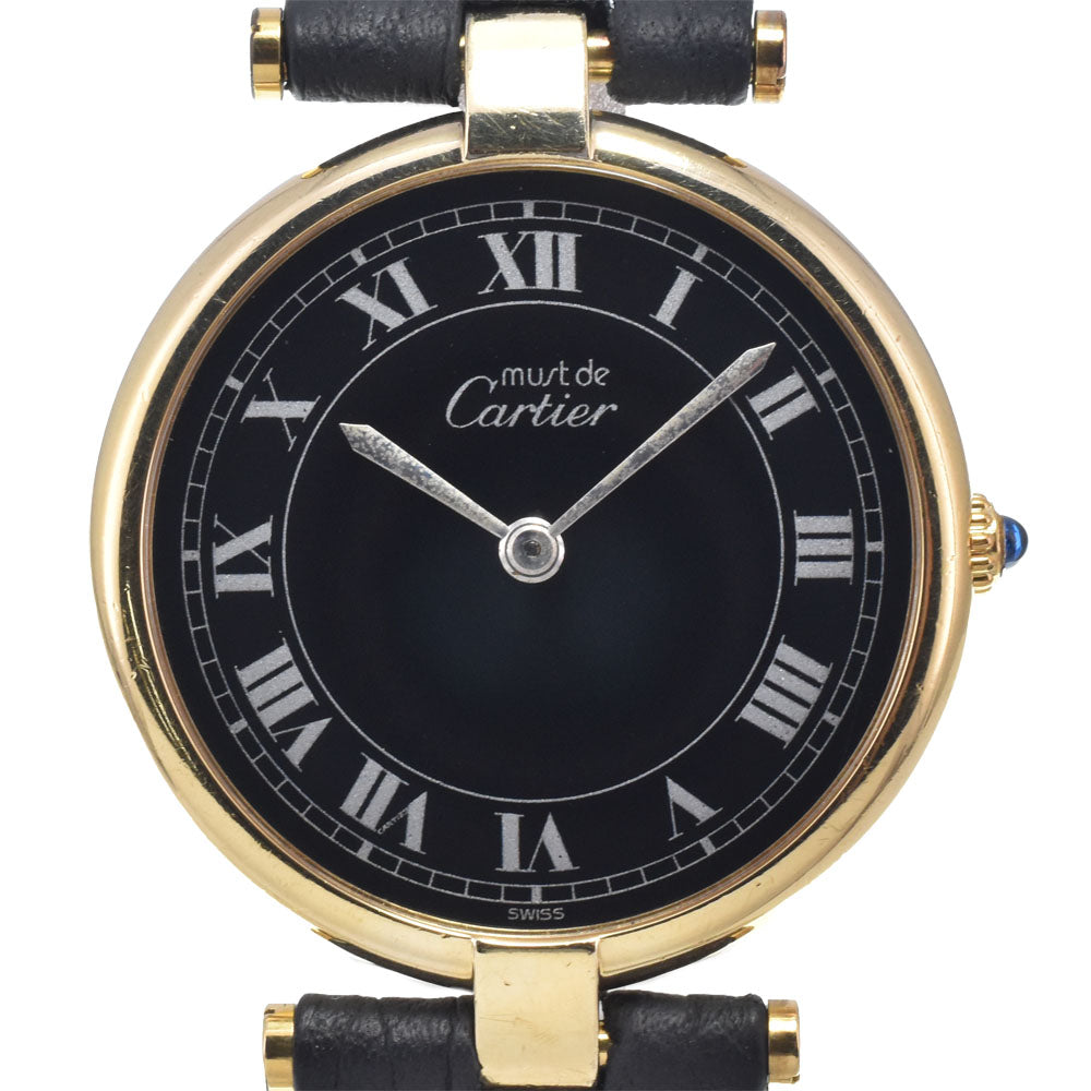 CARTIER Must Vendome SV925 (Gold Plated) / Leather black Dial Quartz Men's
 Watch L#146816