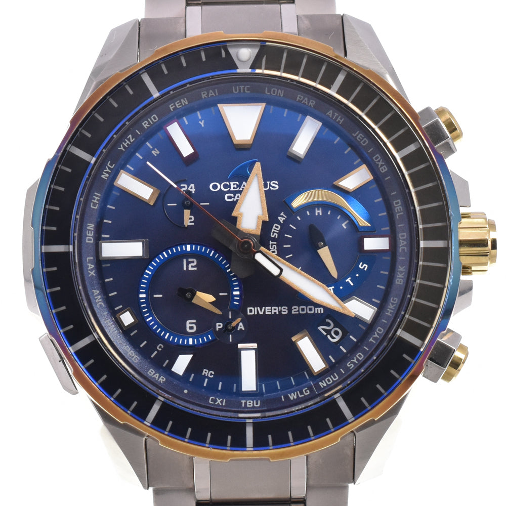 with paper CASIO Oceanus Cacharo OCW-P2000D-2AJF Titanium Authentic Divers Navy Dial Radio Sync Solar Men's
 Watch G#147433