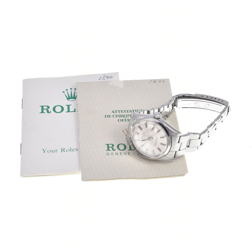 with paper ROLEX Oyster perpetual date 1500 vintage Cal.1570 Silver Dial Automatic Men's
 Watch A#148601