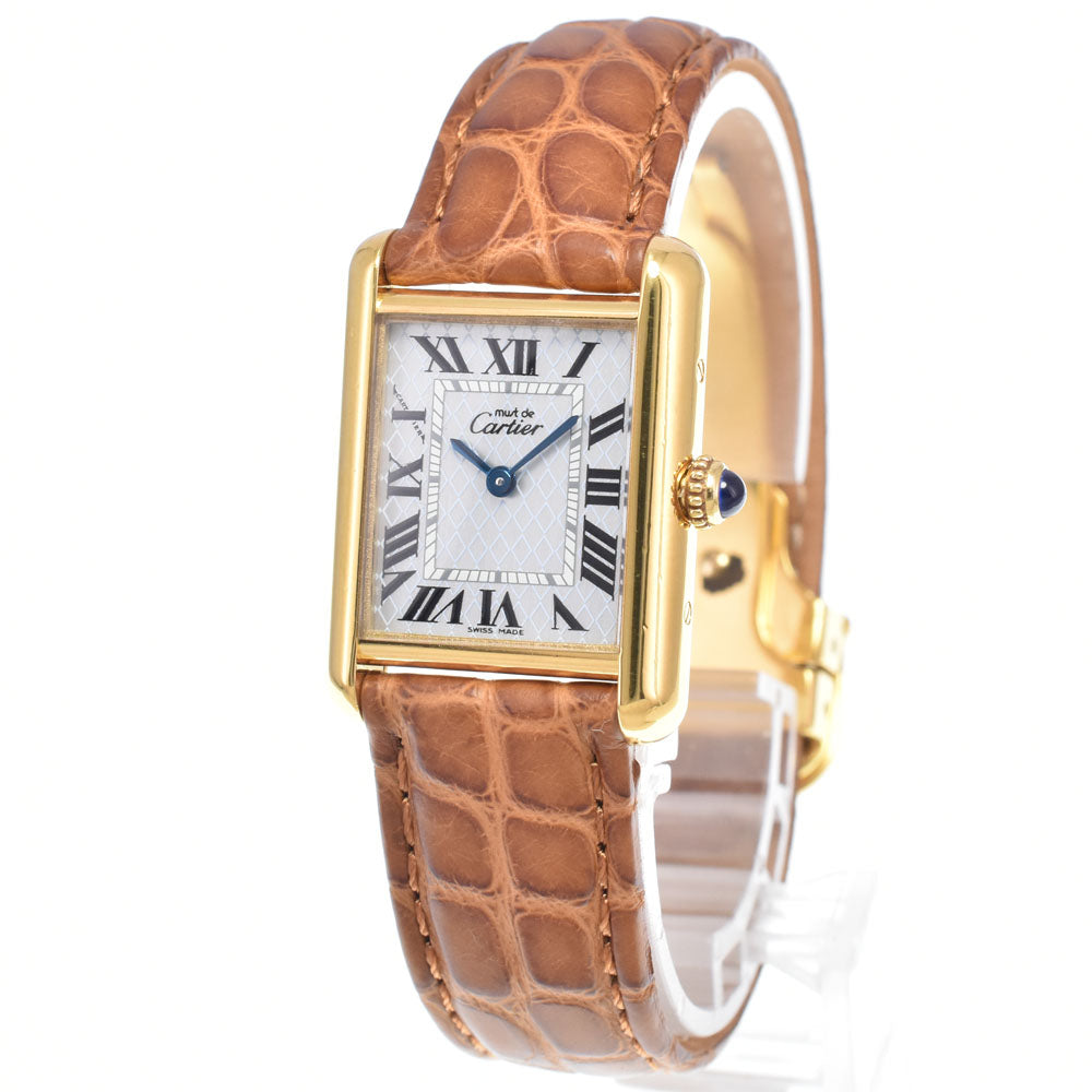 CARTIER Must tank SM W1018587 SV925 (Gold Plated) / Leather blue Dial Quartz Ladies
 Watch N#148682
