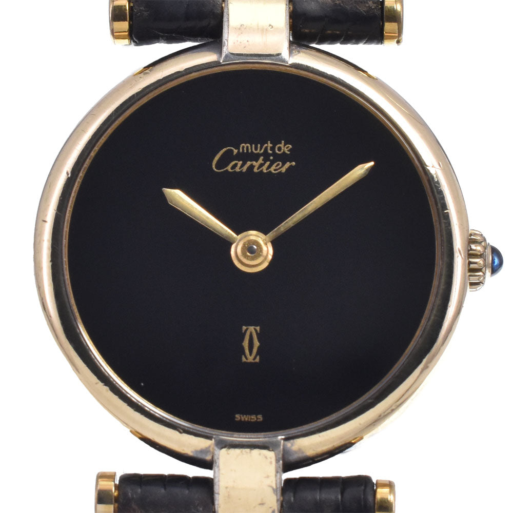 CARTIER Must Vendome SV925 (Gold Plated) / Leather black Dial Quartz Ladies
 Watch N#148755
