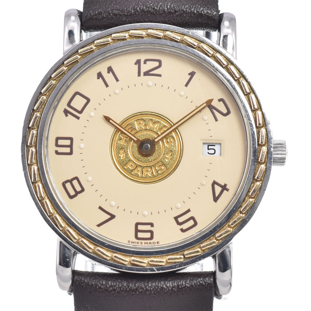HERMES Serie SE4.220 Stainless Steel / Gold Plated / Leather Ivory Dial Quartz Ladies
 Watch B#149479