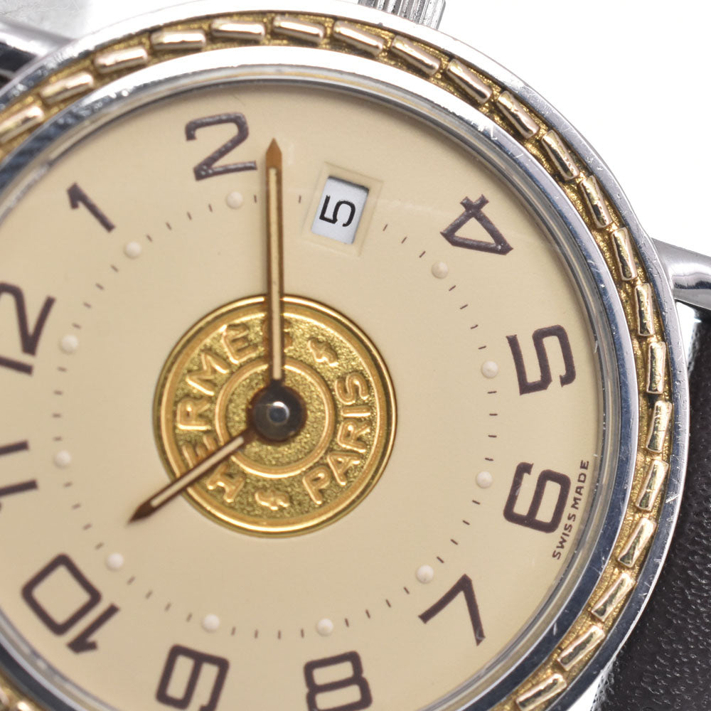 HERMES Serie SE4.220 Stainless Steel / Gold Plated / Leather Ivory Dial Quartz Ladies
 Watch B#149479