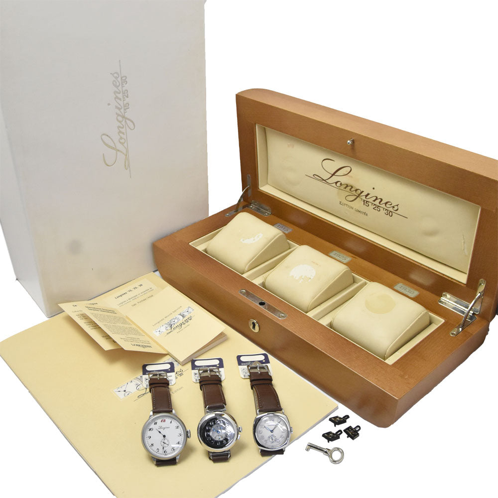 with paper LONGINES Monuments 15, 25, 30 L7.881.4.23.2(1915)/L7.883.4.23.2(1925)/L7.882.4.73.2(1930) Longines Reissue 3-Piece Set, Limited Edition of 1000 Sets White / Silver Dial Automatic Men's
 Watch B#149487