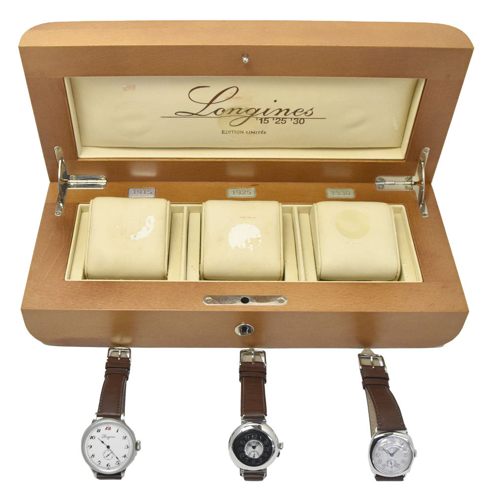 with paper LONGINES Monuments 15, 25, 30 L7.881.4.23.2(1915)/L7.883.4.23.2(1925)/L7.882.4.73.2(1930) Longines Reissue 3-Piece Set, Limited Edition of 1000 Sets White / Silver Dial Automatic Men's
 Watch B#149487