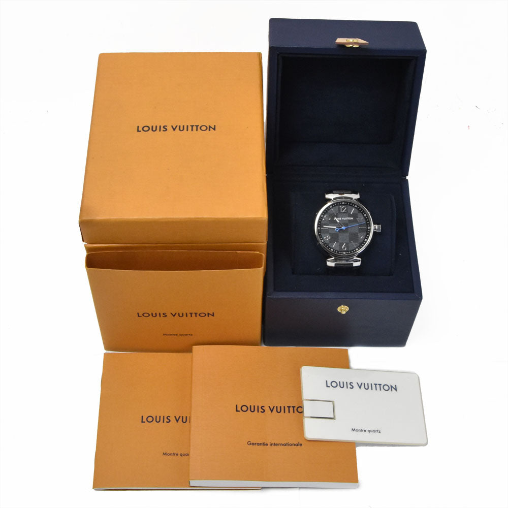 with paper LOUIS VUITTON Tambour GM Damier Graphite QA073 Black Grey Dial Quartz Men's
 Watch A#149516