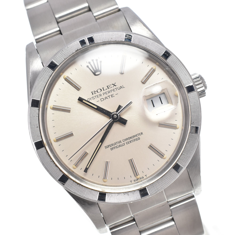 ROLEX Oyster perpetual date 15010 vintage Finely Engine Turned Bezel Silver Dial Automatic Men's
 Watch I#150052