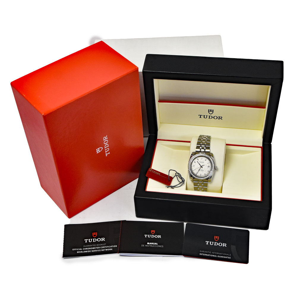 with paper TUDOR Classic Date 21020-0002 Diamond Bezel Silver Dial Automatic Men's
 Watch L#150435