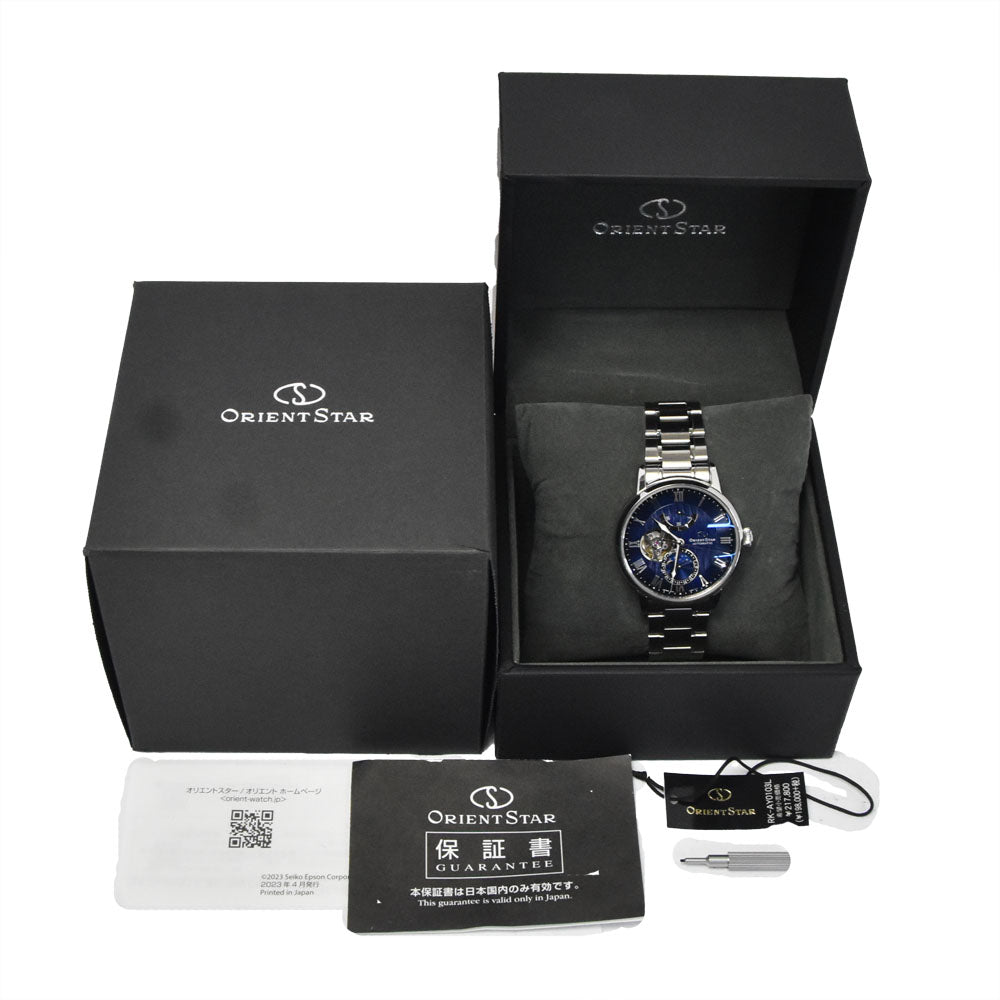 with paper ORIENT STAR Mechanical moon phase RK-AY0103L Power reserve see-through back blue Dial Automatic Men's
 Watch K#150850